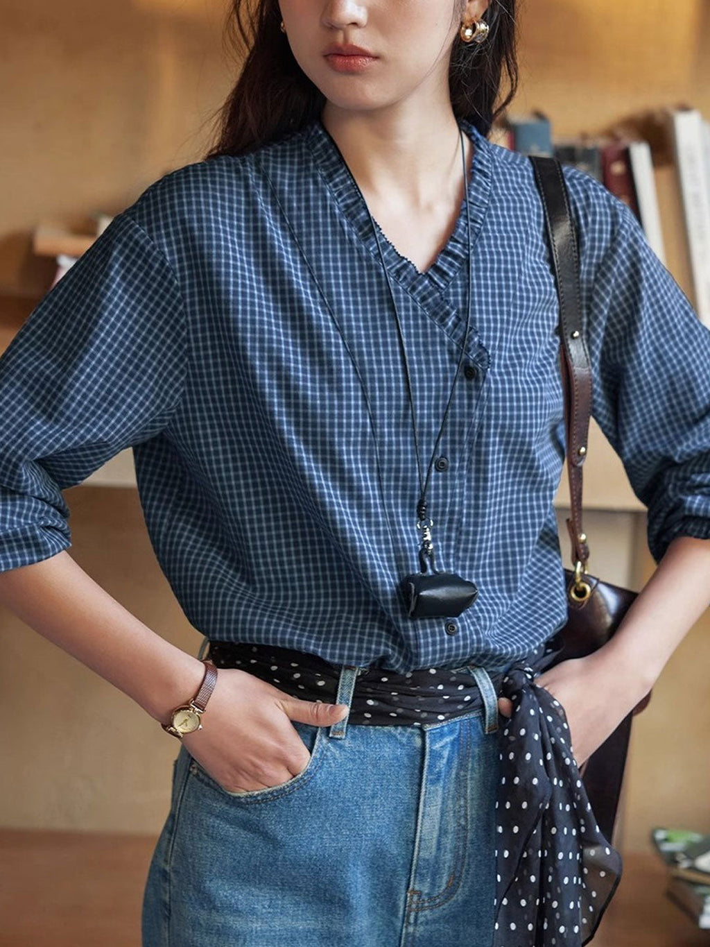 Madison Vintage V-Neck Ruffle Plaid Shirt