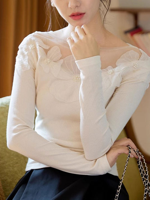 Aubrey Slim Crew Neck Mesh Panelled Top