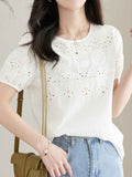 Mya Classic Crew Neck Embroidered Hollowed Top