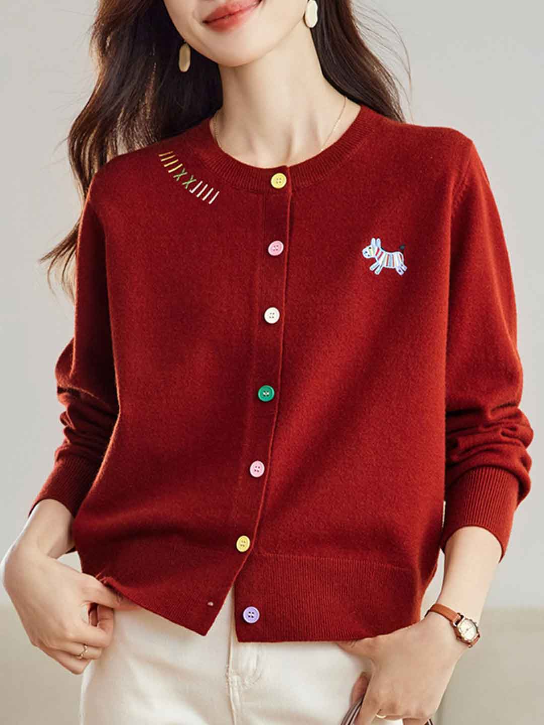 Camila Loose Crew Neck Embroidered Colorful Buttons Knitted Cardigan-Navy Blue