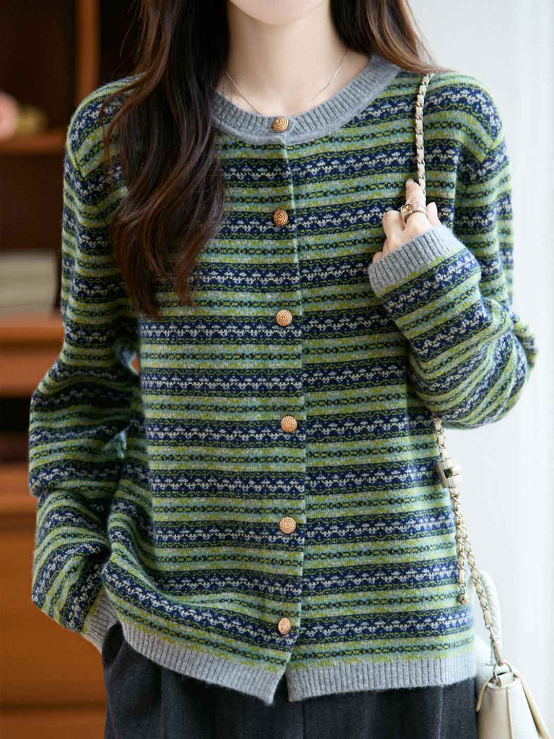 Kimberly Vintage Crew Neck Jacquard Striped Knitted Cardigan