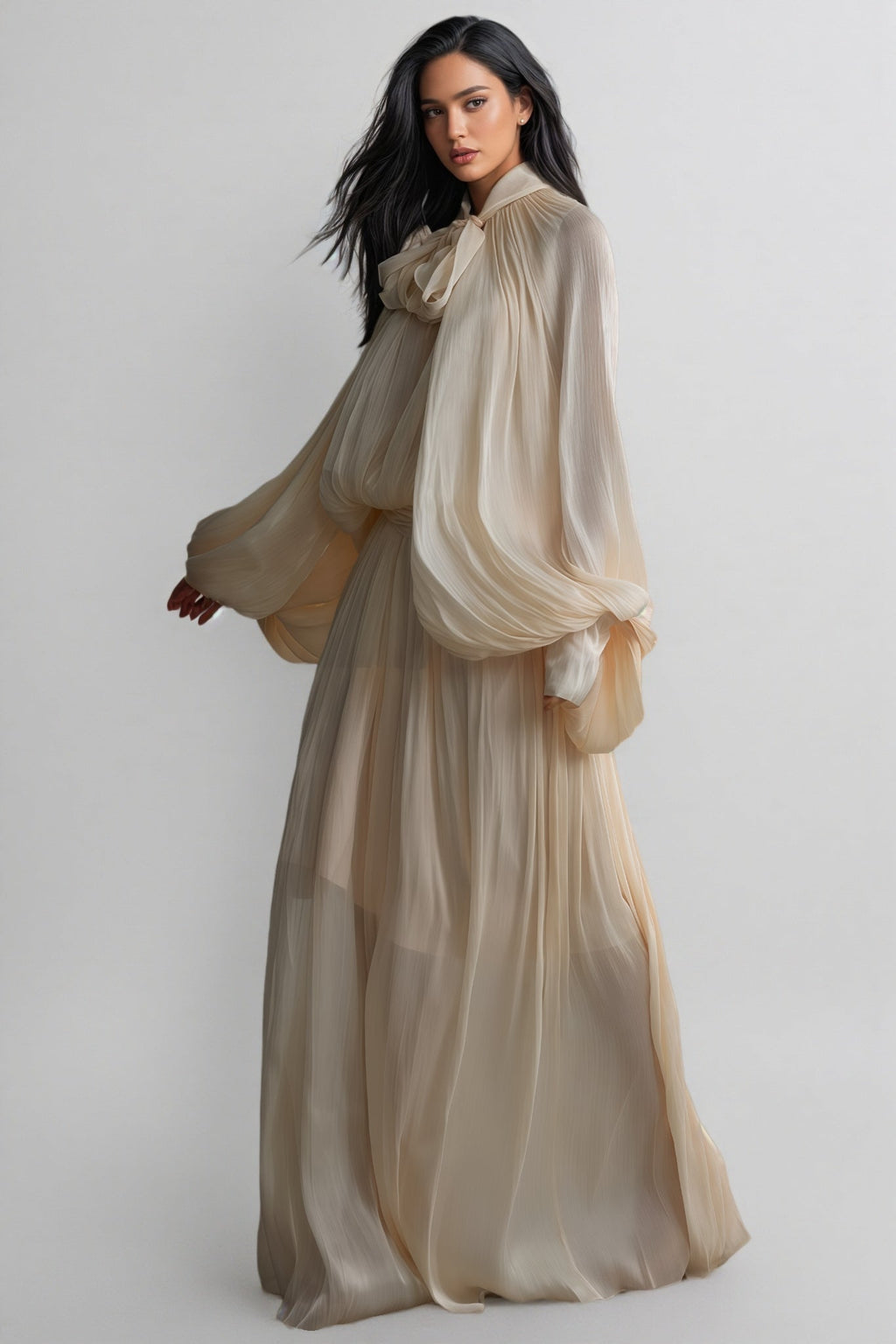 Elizabeth Tie Neck Puff Sleeve Maxi Dress