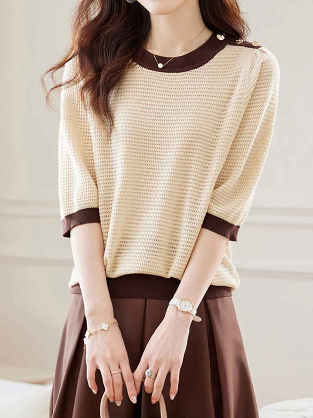 Maria Loose Crew Neck Solid Color Hollowed Knitted Top