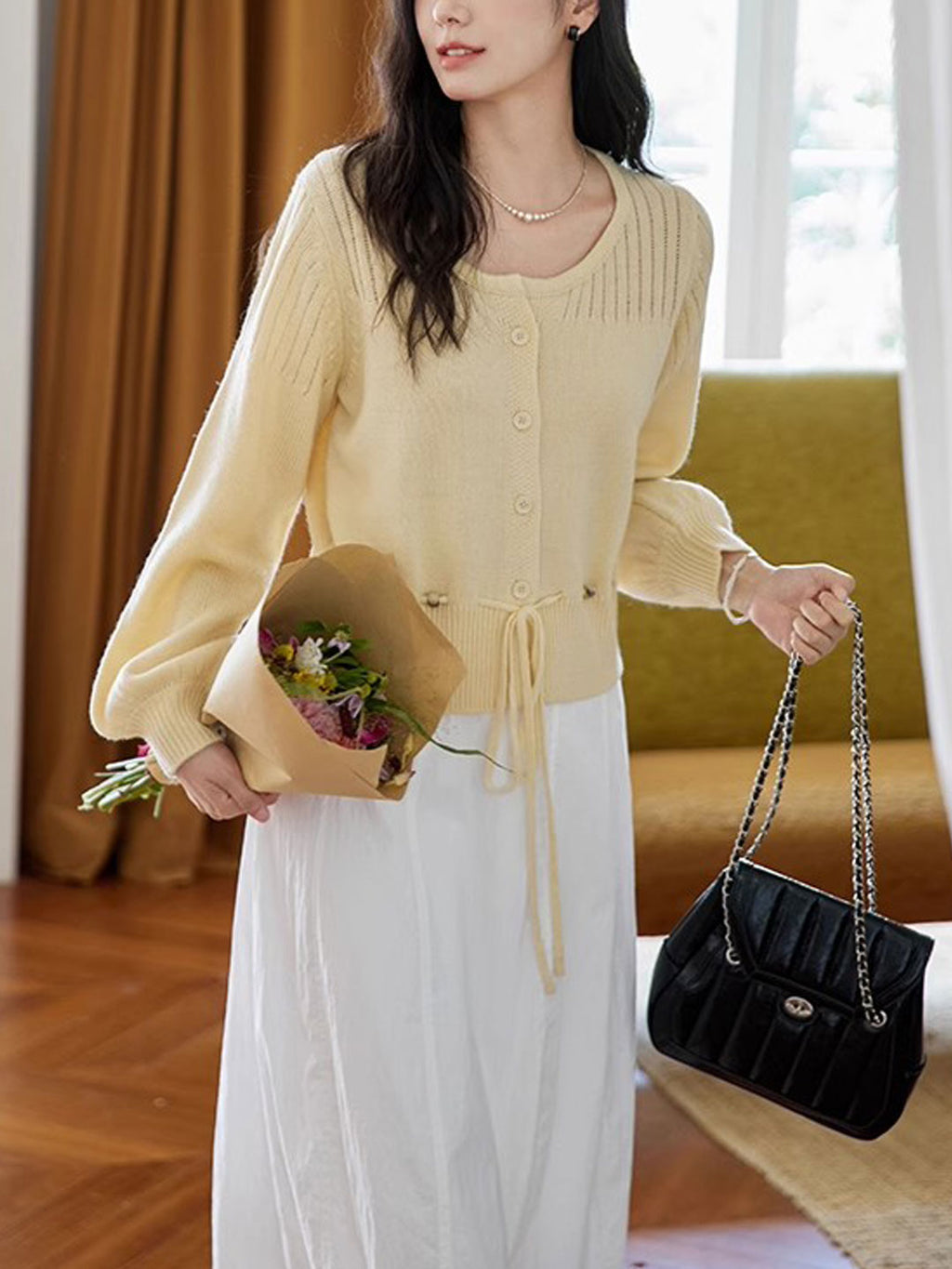 Peyton Retro Crew Neck Beaded Drawstring Knitted Cardigan
