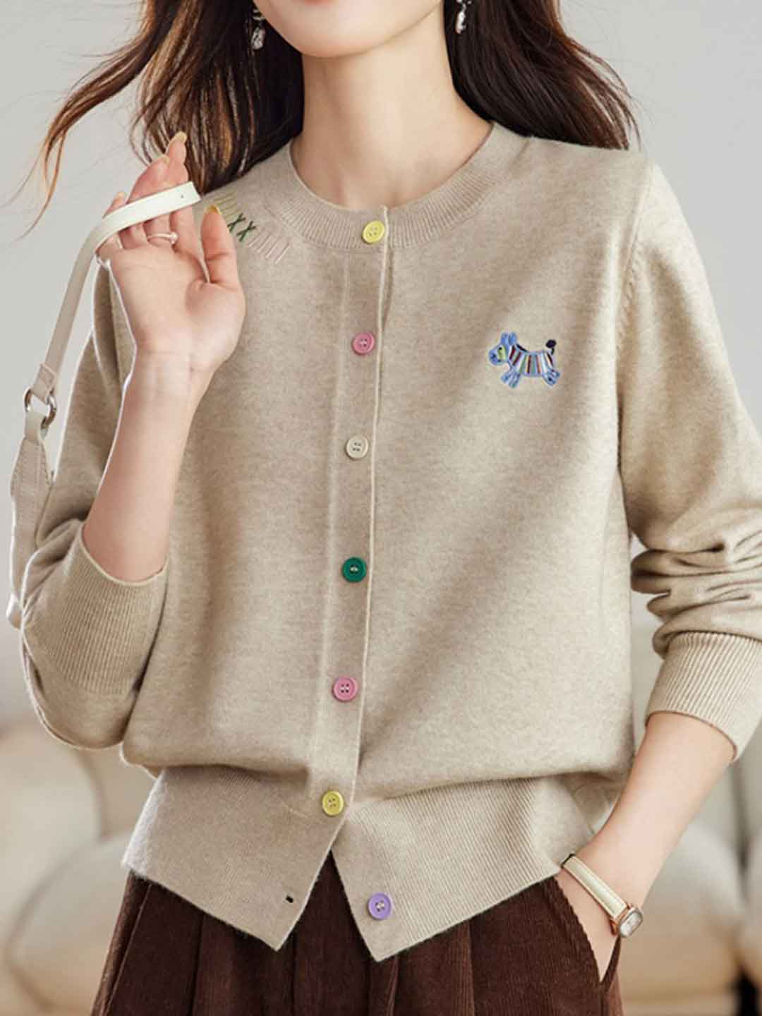 Camila Loose Crew Neck Embroidered Colorful Buttons Knitted Cardigan-Navy Blue