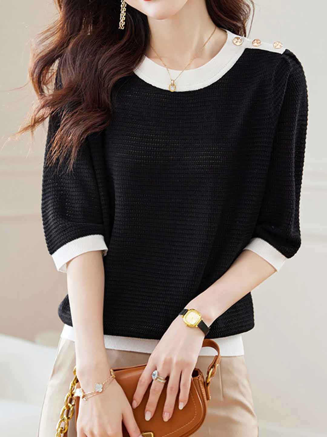 Maria Loose Crew Neck Solid Color Hollowed Knitted Top