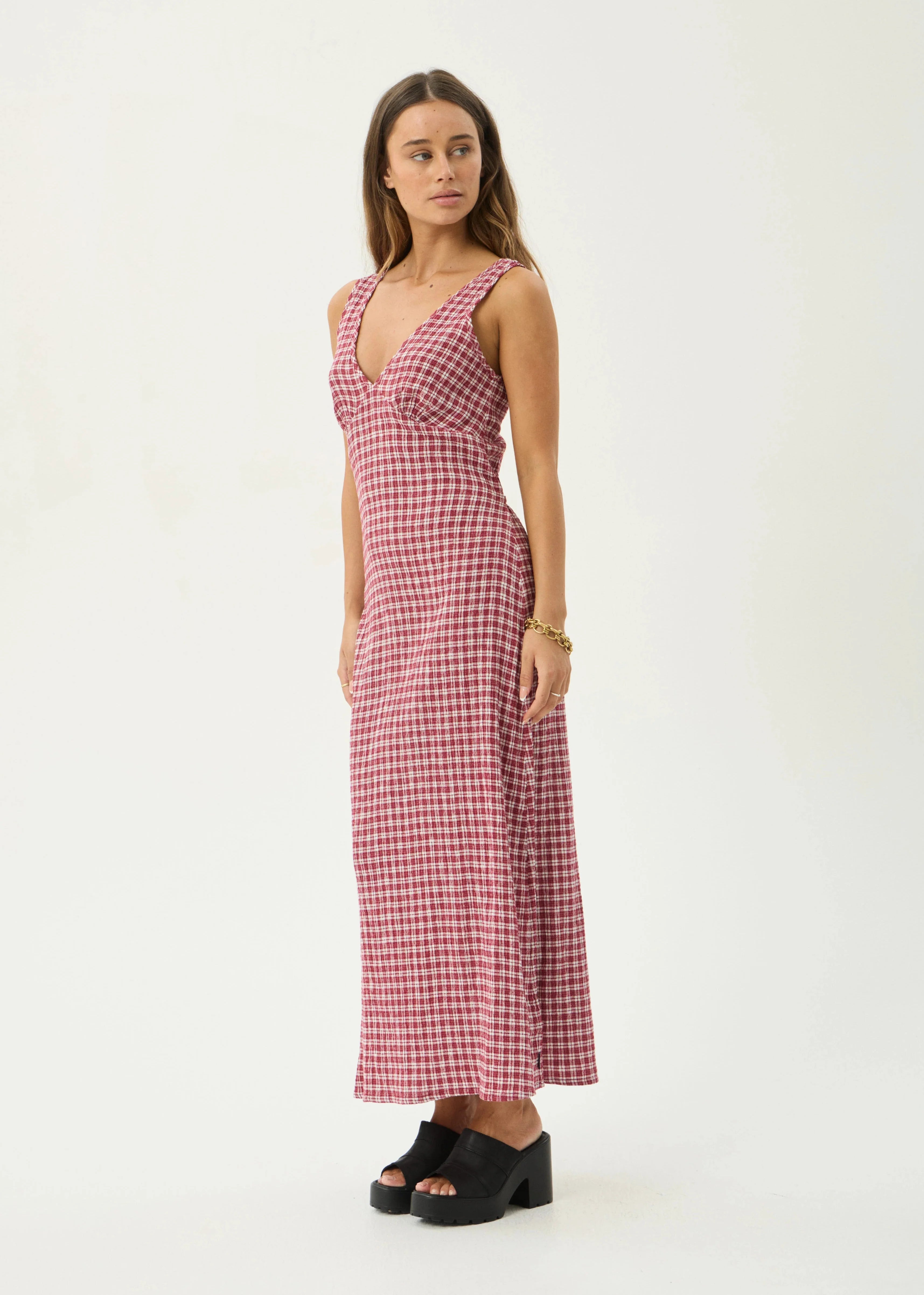 AFENDS Womens Tully - Seersucker Maxi Dress - Base Burgundy Check