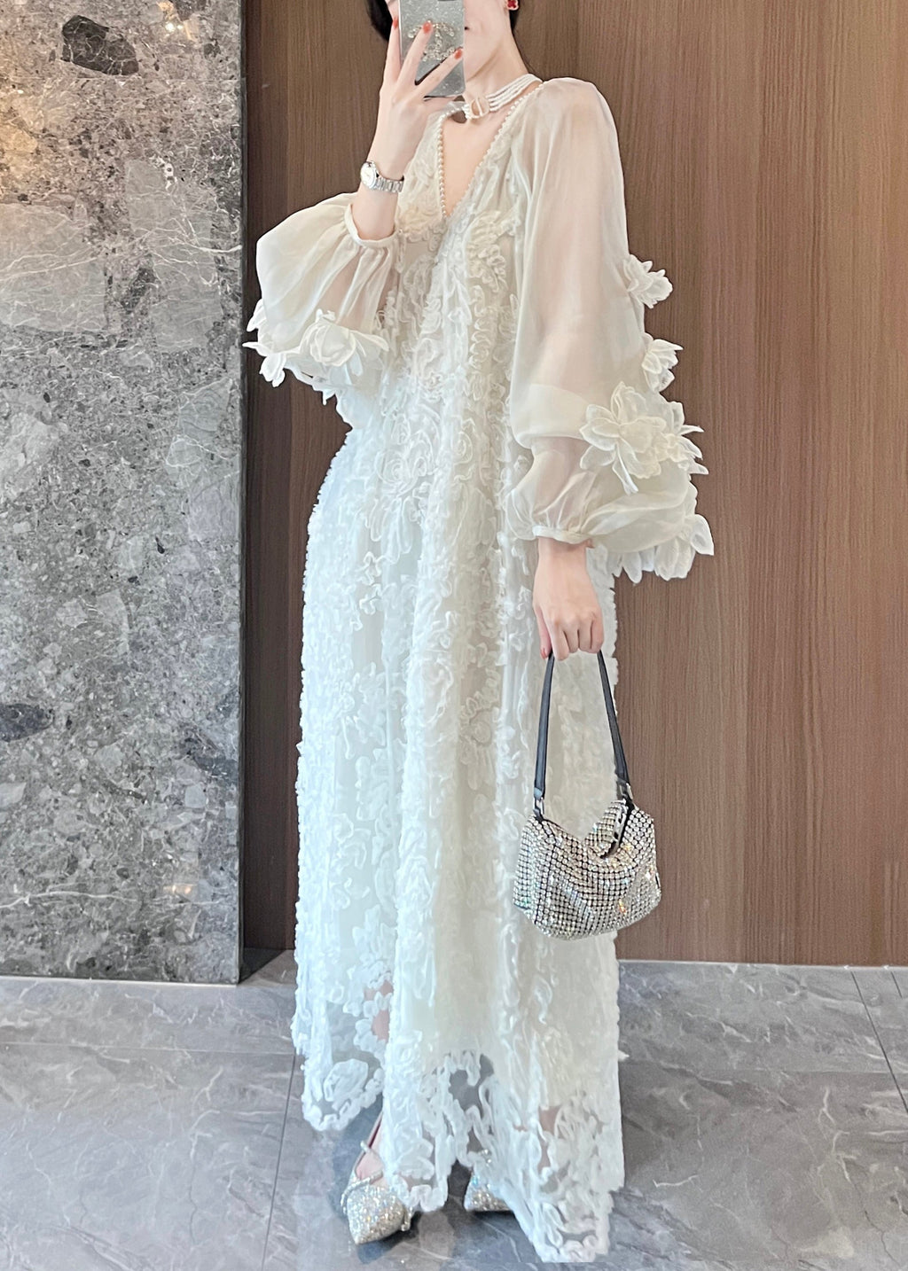 Long Spring Patchwork Italian Beige Dresses Lace Tulle Neck V