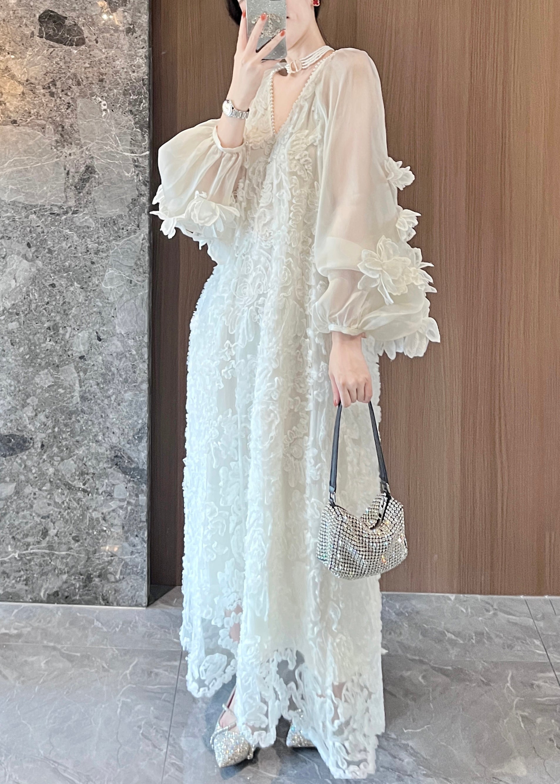 Long Spring Patchwork Italian Beige Dresses Lace Tulle Neck V