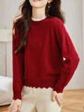 Andrea Retro Lace Crew Neck Solid Color Beaded Knitted Top