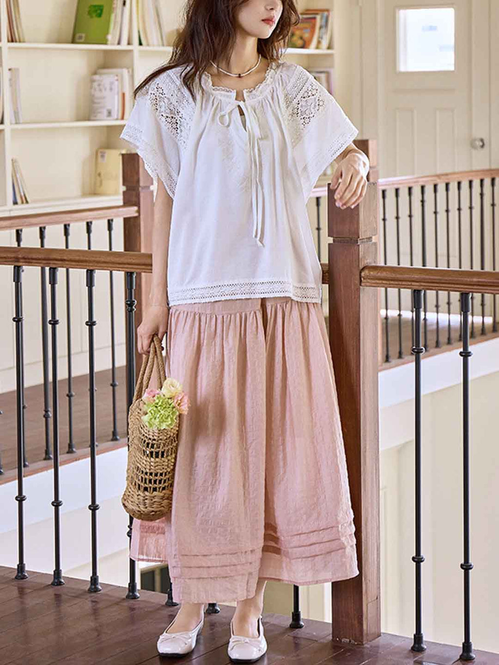 Jessica Chic Lace Embroidered Hollowed Tie Shirt
