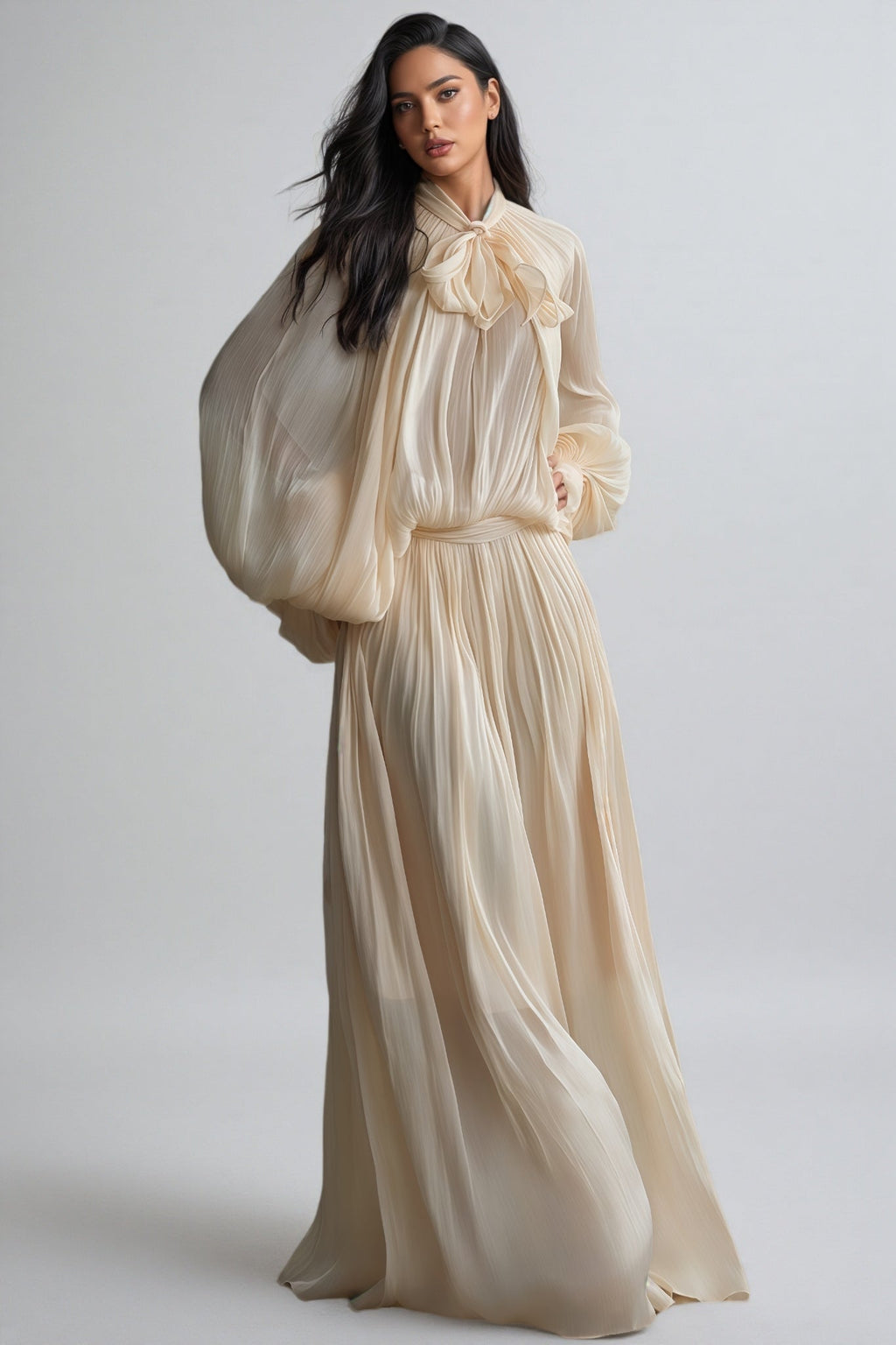 Elizabeth Tie Neck Puff Sleeve Maxi Dress
