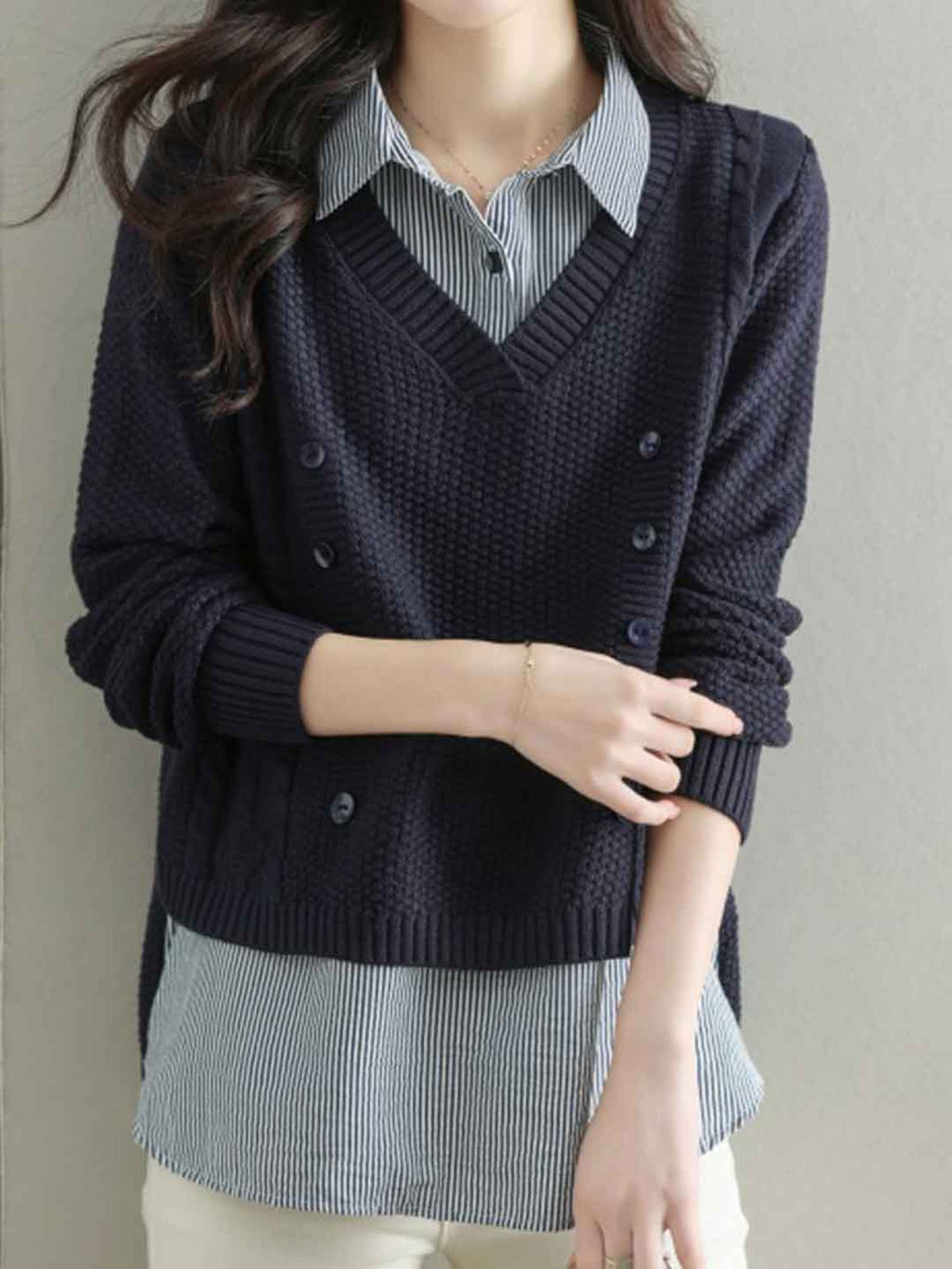 Jocelyn Loose Mock Two-Piece Striped Knitted Top