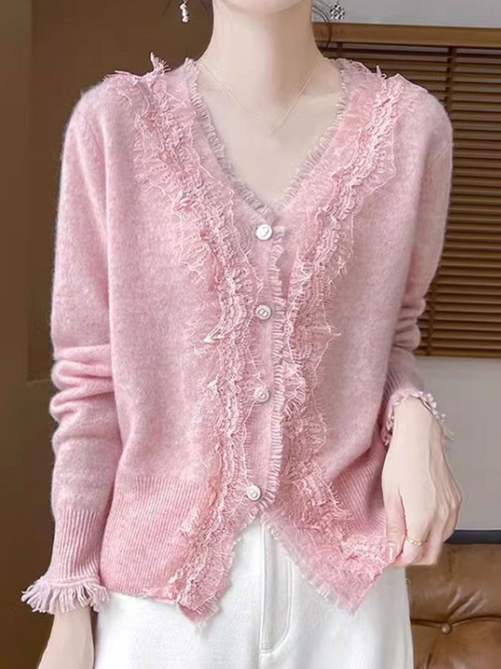 Emma Elegant V-Neck Lace Knitted Cardigan-White