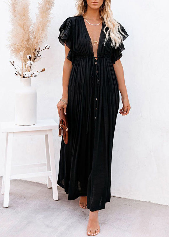 Black Patchwork Long Summer Dress Solid Ruffled