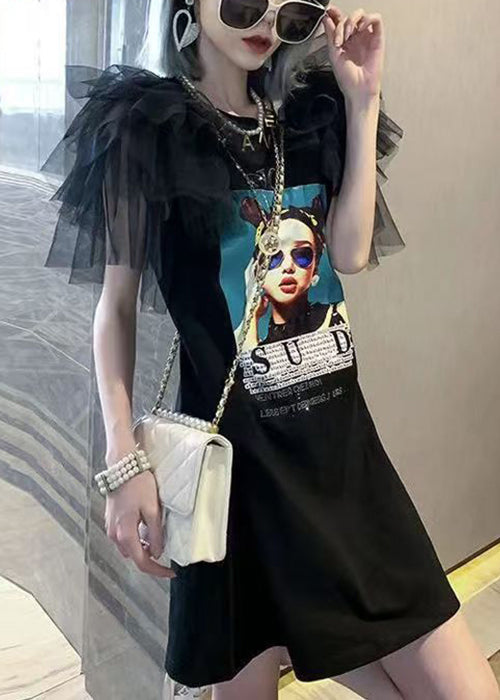 Patchwork Tulle O-Neck Summer Black T Dress Shirt Cotton