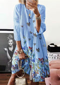 Blue Mid Butterfly Summer Dress Neck O Bohemian Print Cotton