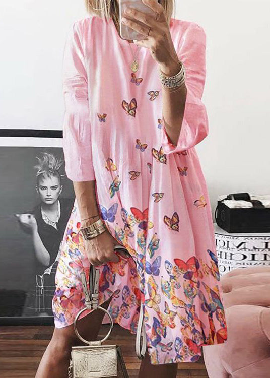 Blue Mid Butterfly Summer Dress Neck O Bohemian Print Cotton
