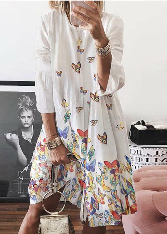 Blue Mid Butterfly Summer Dress Neck O Bohemian Print Cotton