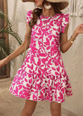 Rose Cotton Bohemian Neck Sleeve Mid Print Dress Butterfly O