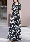 Neck Chiffon Black Boho Long Dress Summer V Print