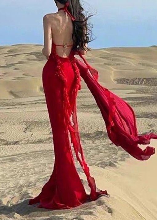 Dress Sexy Red Boutique Long Summer Backless Halter Ruffled