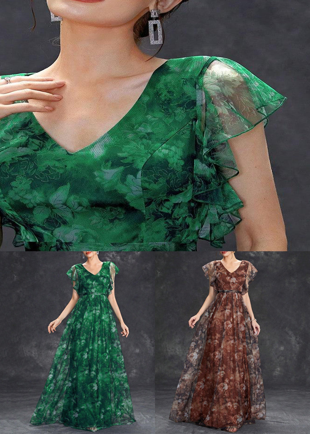 Sleeve Brown Tulle Print Long Neck V Dress Short
