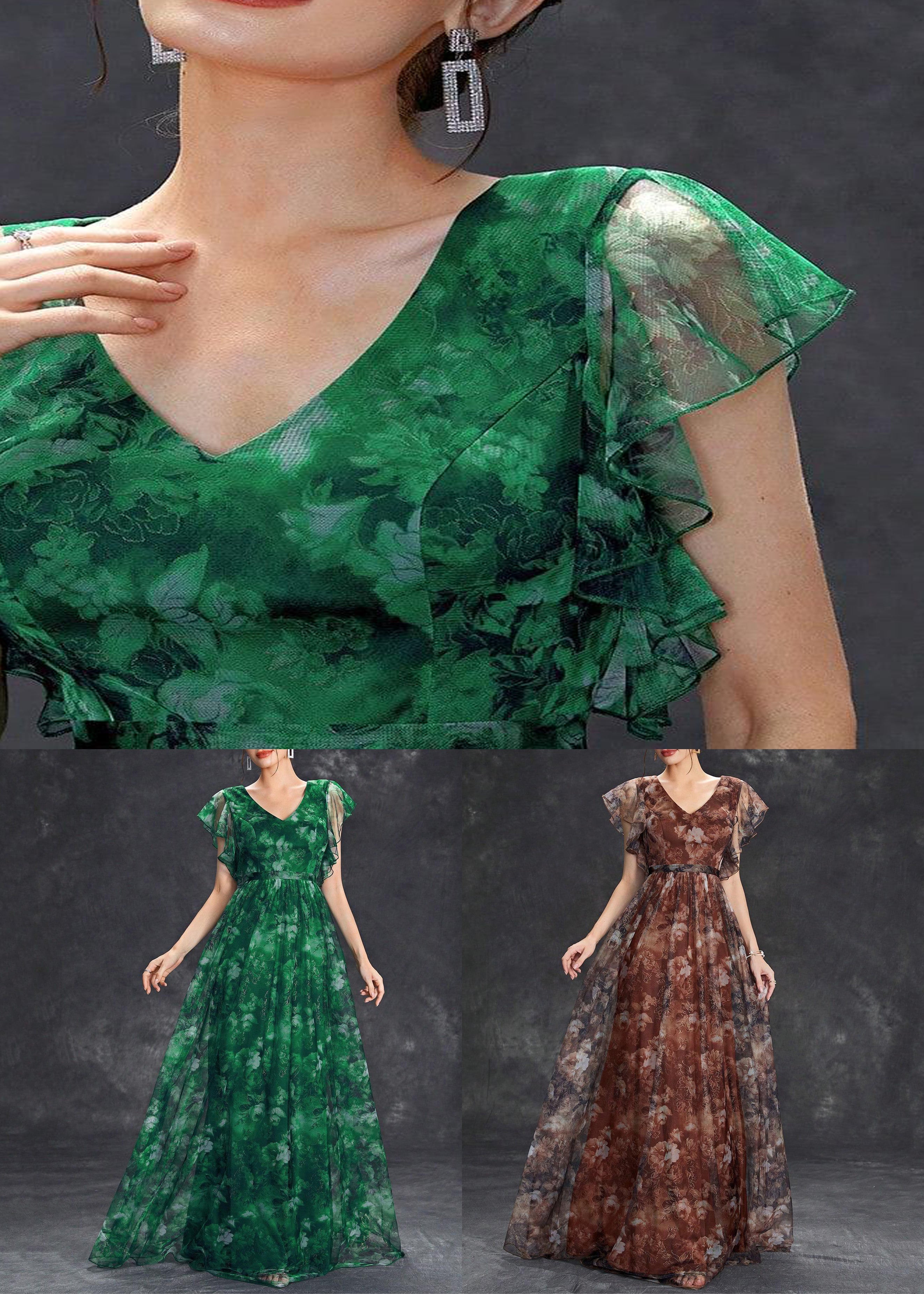 Sleeve Brown Tulle Print Long Neck V Dress Short