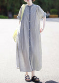 Stand Collar Button Cotton Shirts Striped Casual Dress Summer