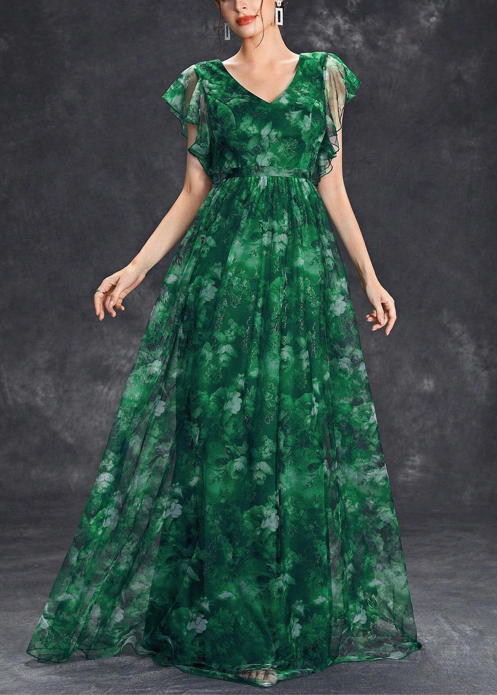 Chic Tunic Ruffled Maxi Dress Green Patchwork Blackish Tulle