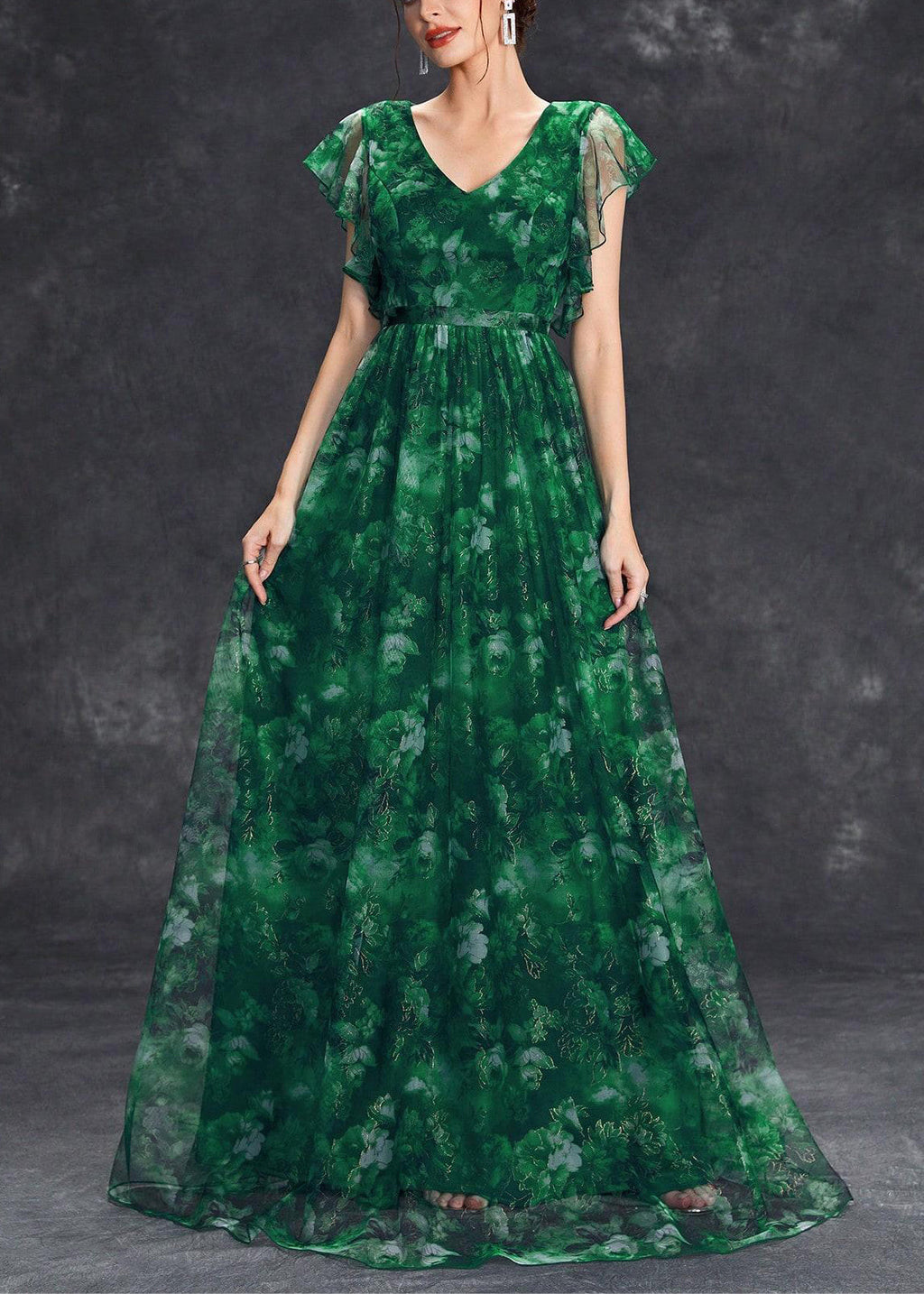 Chic Tunic Ruffled Maxi Dress Green Patchwork Blackish Tulle