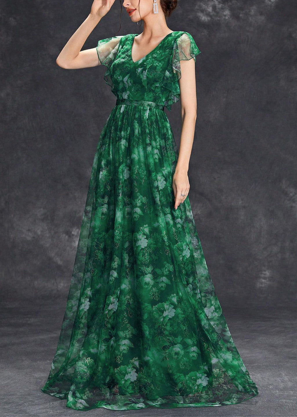 Chic Tunic Ruffled Maxi Dress Green Patchwork Blackish Tulle