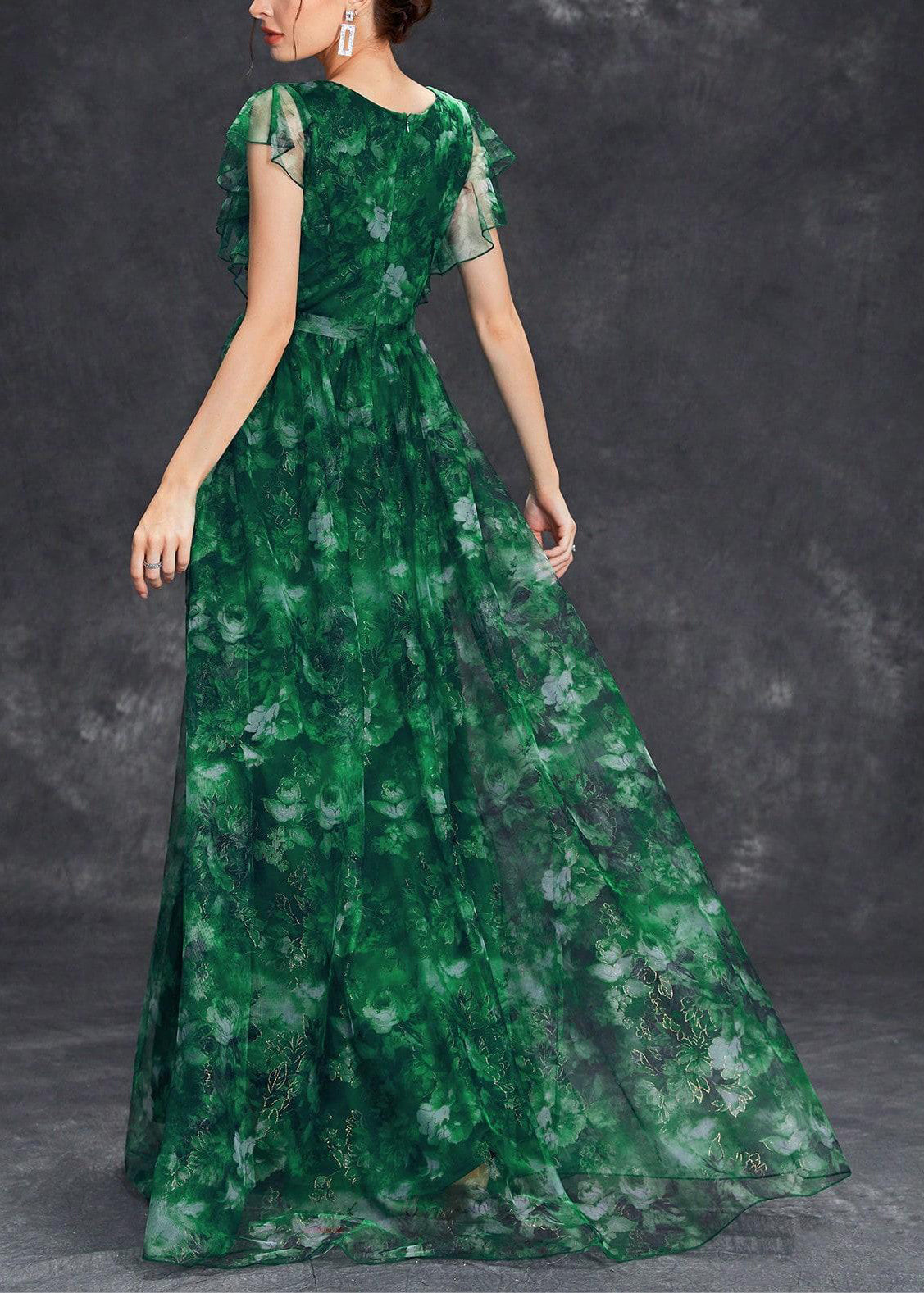 Chic Tunic Ruffled Maxi Dress Green Patchwork Blackish Tulle