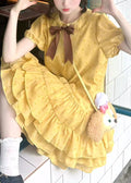 Patchwork Ruffled Mid Cotton Dresses Yellow Cute Summer