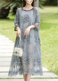 Dresses Silk O-Neck Sleeve Bracelet Elegant Embroidered Long Grey