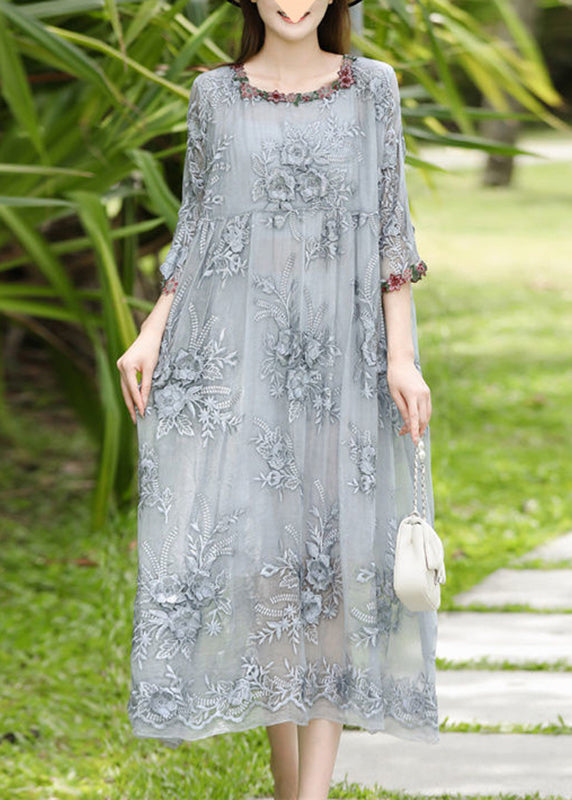 Dresses Silk O-Neck Sleeve Bracelet Elegant Embroidered Long Grey