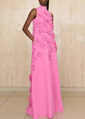 Long Pink Up Sleeveless Floral Cotton Dress Pockets Lace Elegant