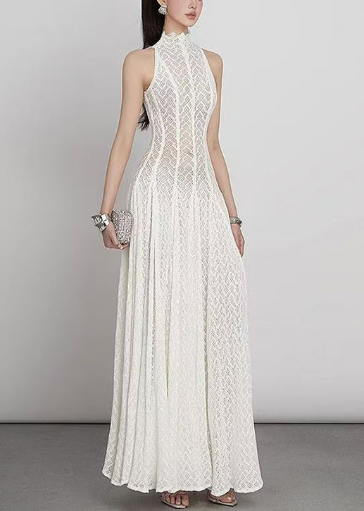 Lace Hollow Out Dress White Elegant Sleeveless Solid Maxi