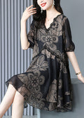 Summer Neck Print Dress Maxi V Chiffon Black Fashion