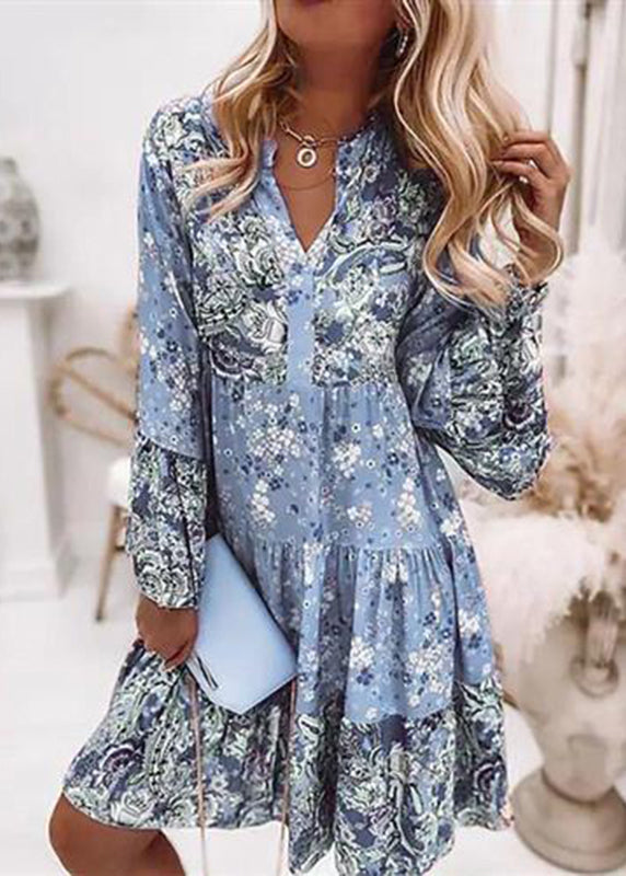 Fashion Fall Pink Mid Dresses V Wrinkled Print Neck