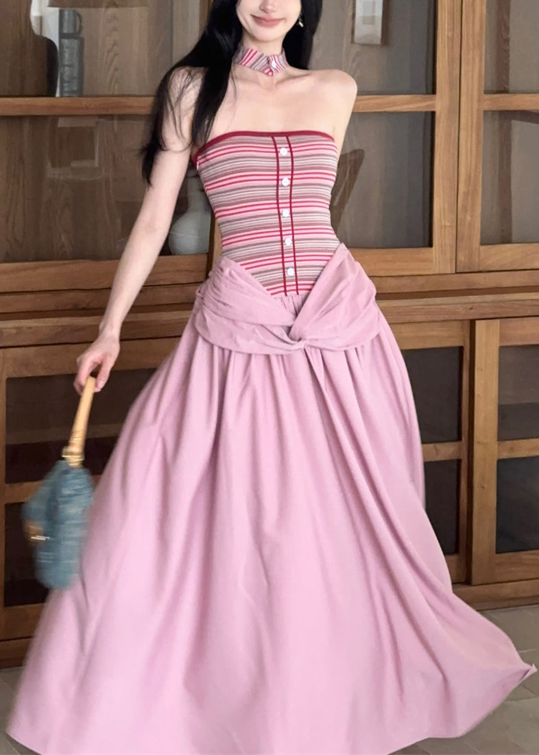 Two Patchwork Summer Dress Fake Long Striped Pink Fine Pieces