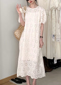 French Beige Hollow Puff Dress Sleeve Cotton Out O-Neck