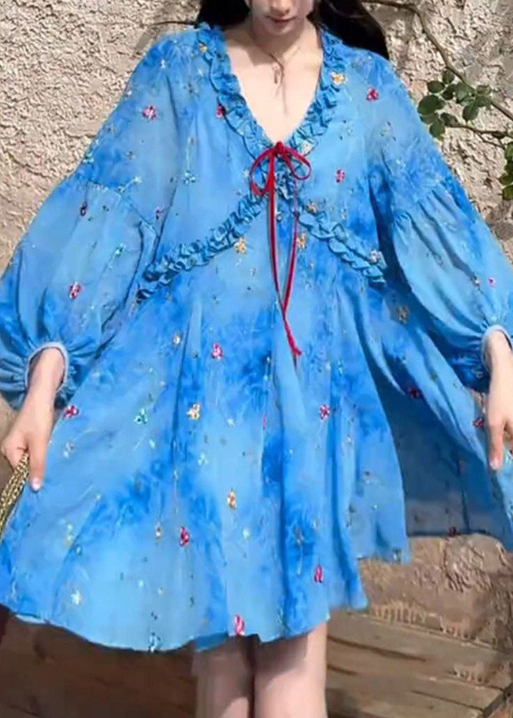 Puff Sleeve Dresses Ruffled French Blue Print Chiffon