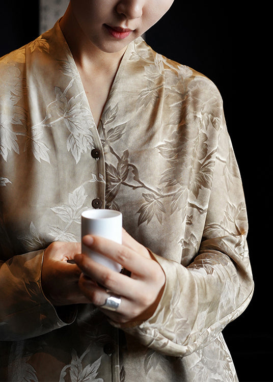 Button Silk Neck Shirts Print Dresses V Fall French