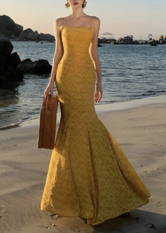 Dress Print French Yellow Maxi Spaghetti Strap Fishtail