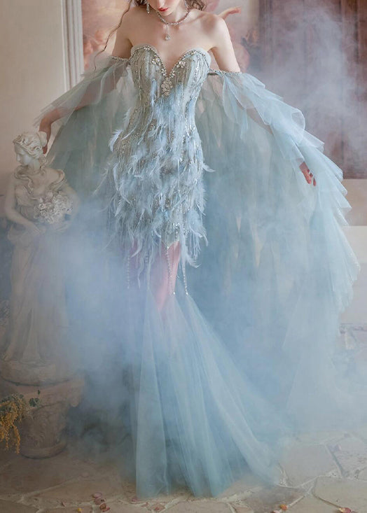 Dress Feather And Blue Handmade Tulle Two Pieces Zircon Cape Set