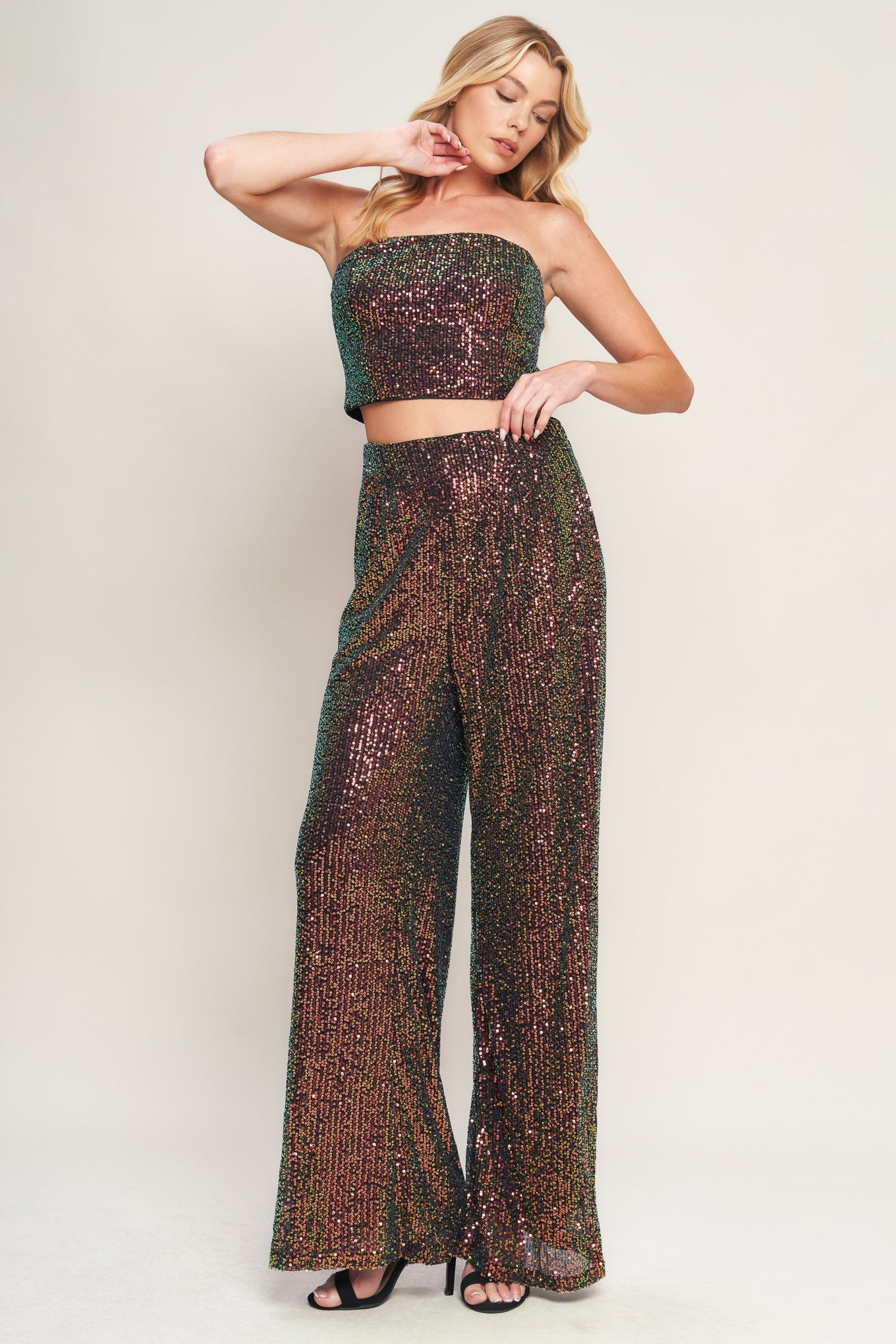 CHARMING COMPOSURE SEQUIN CROP TOP & PANT SET - FINAL SALE