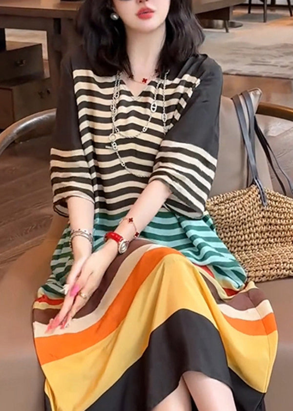 V Striped Neck Italian Silk Dress Summer Rainbow