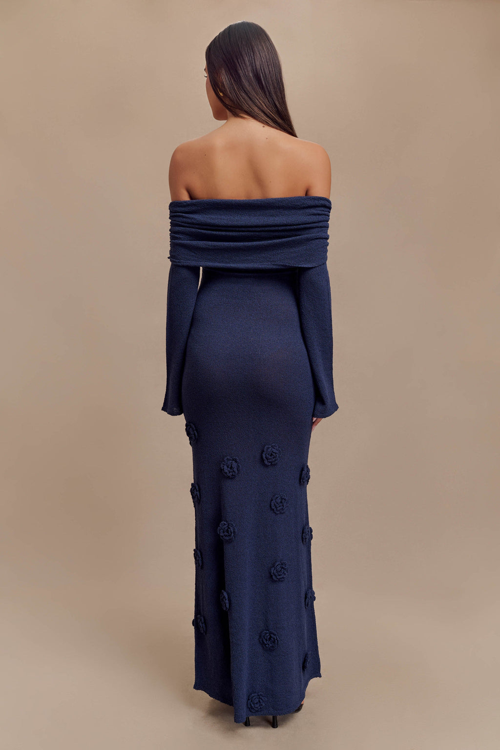 Knit Off-Shoulder 3D Flower Maxi Dress