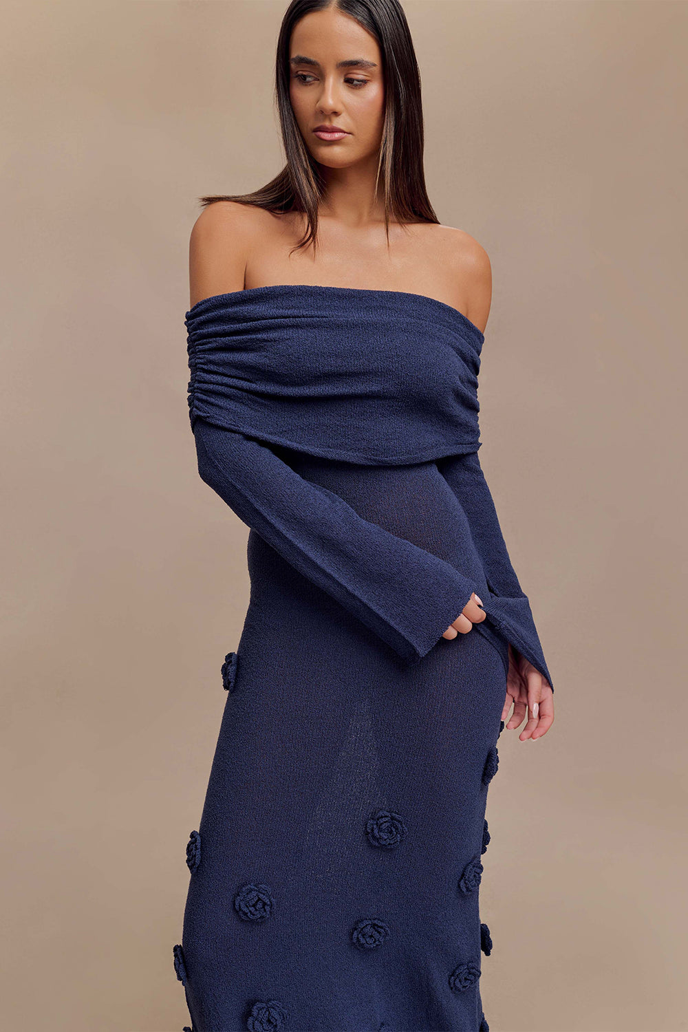 Knit Off-Shoulder 3D Flower Maxi Dress